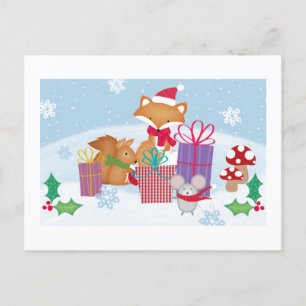 Cute Christmas Winter Woodland Animals Art Holiday Postcard