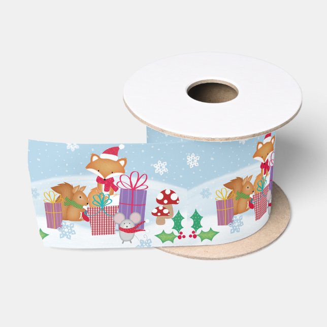 Cute Christmas Winter Woodland Animals Art Satin Ribbon (Spool)