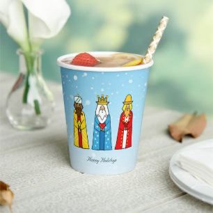 Cute Christmas Wise Men on Light Blue Paper Cups