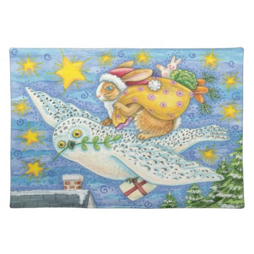 Cute Christmas with Rabbit as Santa Claus on Owl  Cloth Placemat