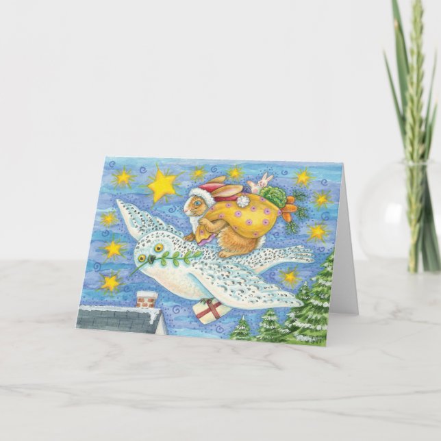 Cute Christmas with Rabbit as Santa Claus on Owl Holiday Card (Front)