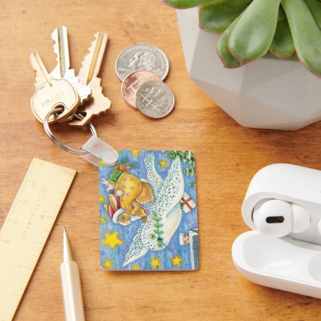 Cute Christmas with Rabbit as Santa Claus on Owl Keychain (Desk)
