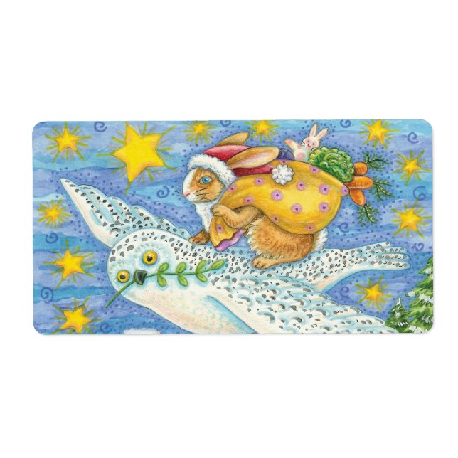 Cute Christmas with Rabbit as Santa Claus on Owl Label (Front)