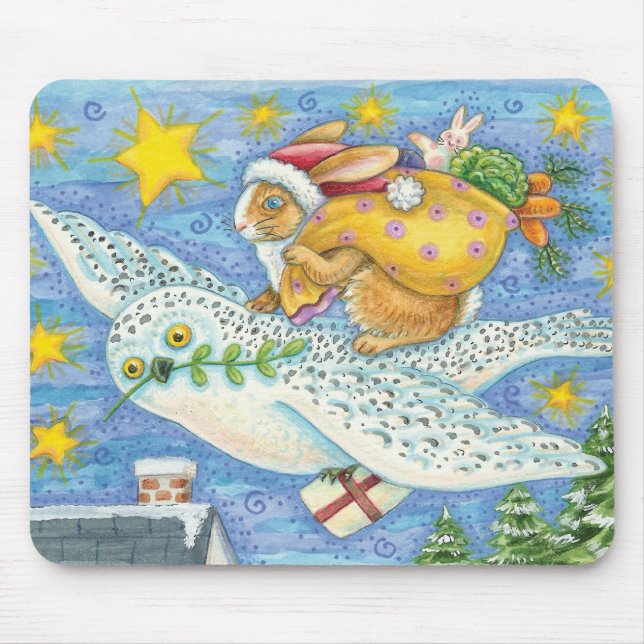 Cute Christmas with Rabbit as Santa Claus on Owl Mouse Pad (Front)