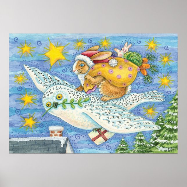 Cute Christmas with Rabbit as Santa Claus on Owl Poster (Front)