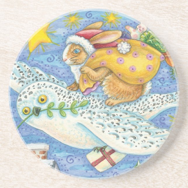 Cute Christmas with Rabbit as Santa Claus on Owl Sandstone Coaster (Front)
