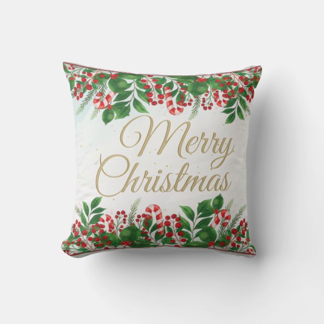  Cute Christmas with Red berries wreath floral Throw Pillow (Front)