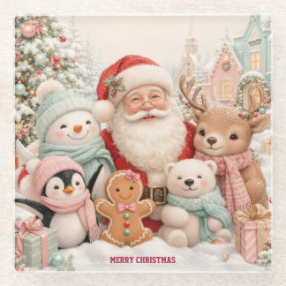 Cute Christmas with Santa, Penguin, Bear,Reindeer Glass Coaster