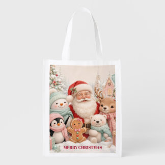 Cute Christmas with Santa, Penguin, Bear,Reindeer Grocery Bag