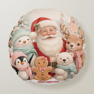 Cute Christmas with Santa, Penguin, Bear,Reindeer Round Pillow