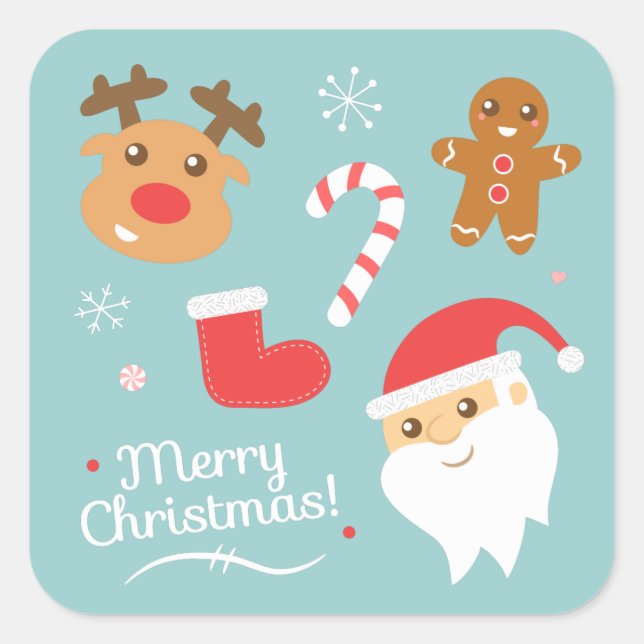 Cute Christmas with Santa, Reindeer, Gingerbread Square Sticker (Front)