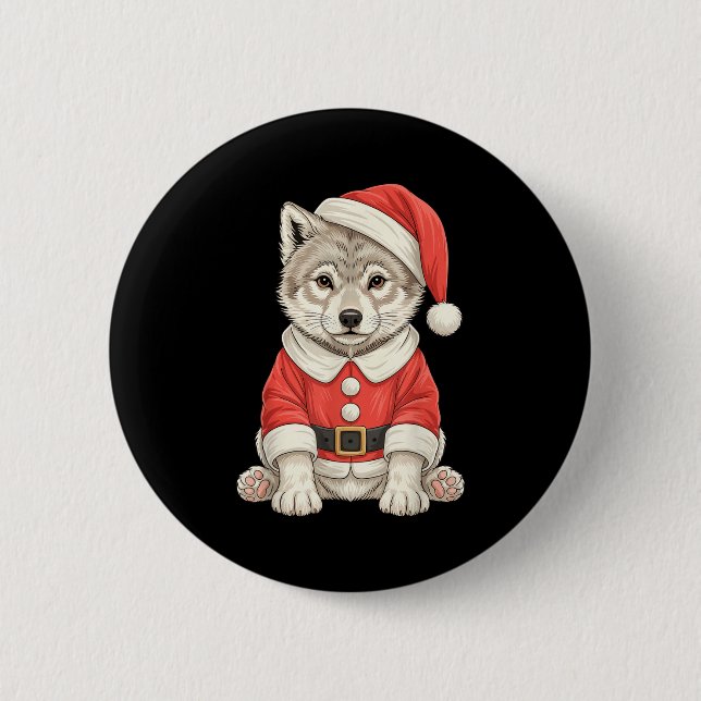 Cute Christmas Wolf Santa  Button (Front)