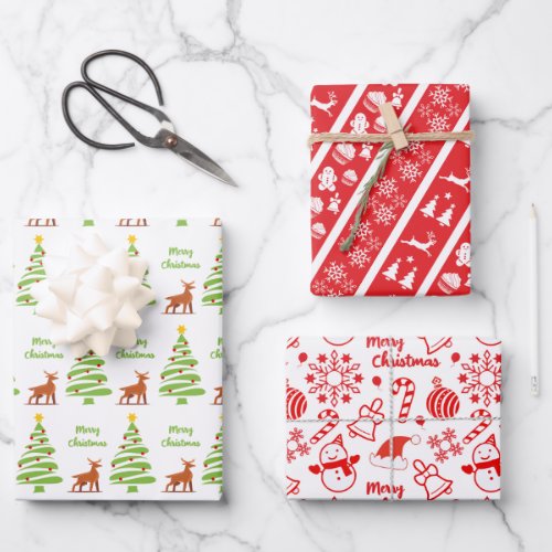 cute christmas Wrapping Paper Flat Sheet Set of 3