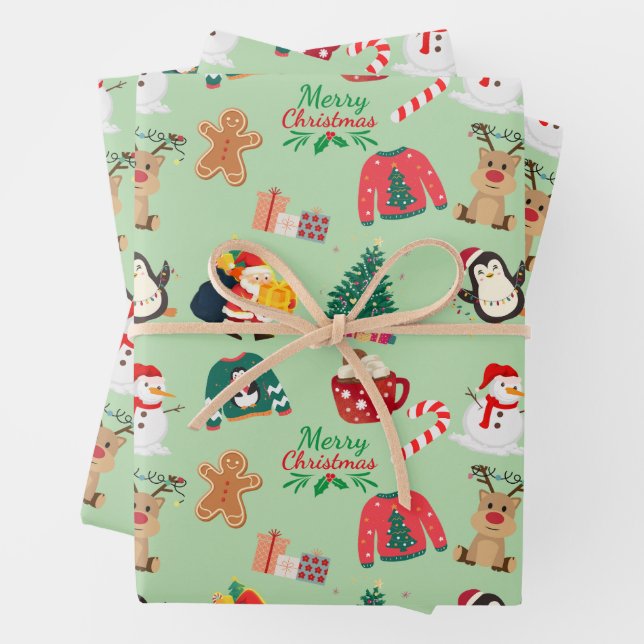 Cute Christmas Wrapping Paper Flat Sheet Set of 3 (In situ)