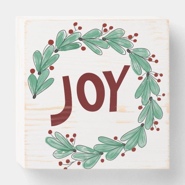 Cute Christmas Wreath Joy Farmhouse Wooden Box Sign (Front Horizontal)