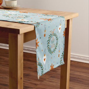 Cute Christmas Wreath & Ornaments Light Blue Short Table Runner