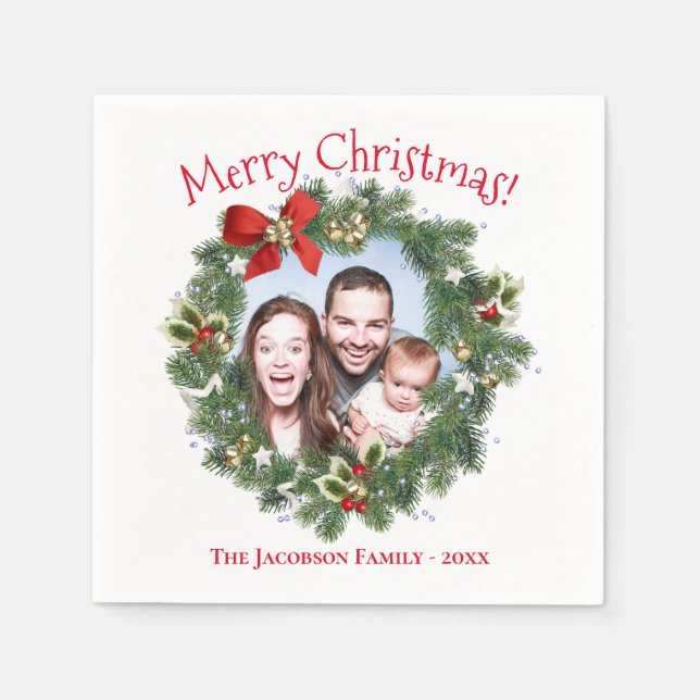 Cute Christmas Wreath Photo Frame Holiday Napkins (Front)