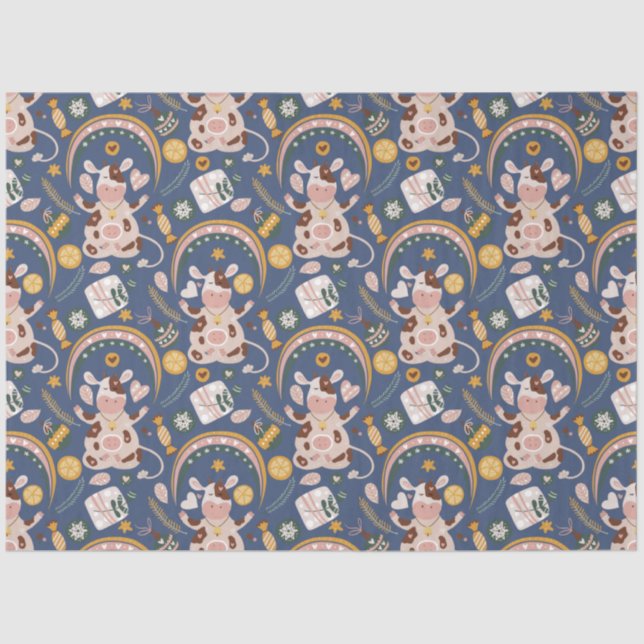 Cute Christmas Yoga Cow Whimsical Pattern Blue Tissue Paper (Front)