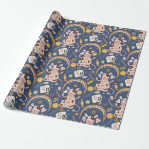 Cute Christmas Yoga Cow Whimsical Pattern Blue Wrapping Paper