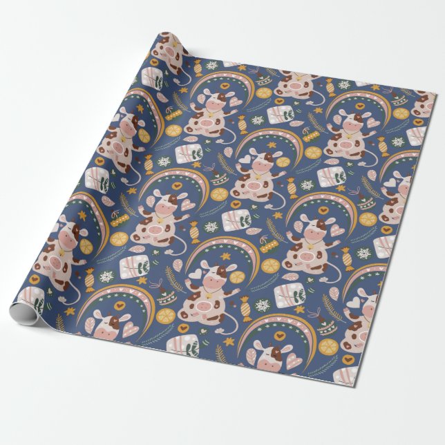 Cute Christmas Yoga Cow Whimsical Pattern Blue Wrapping Paper (Unrolled)