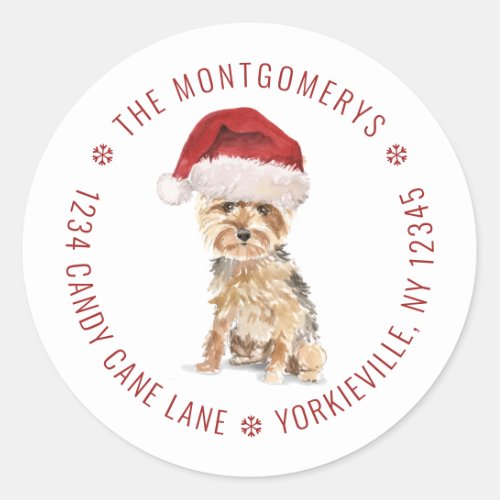 Cute Christmas Yorkshire Terrier Return Address Classic Round Sticker