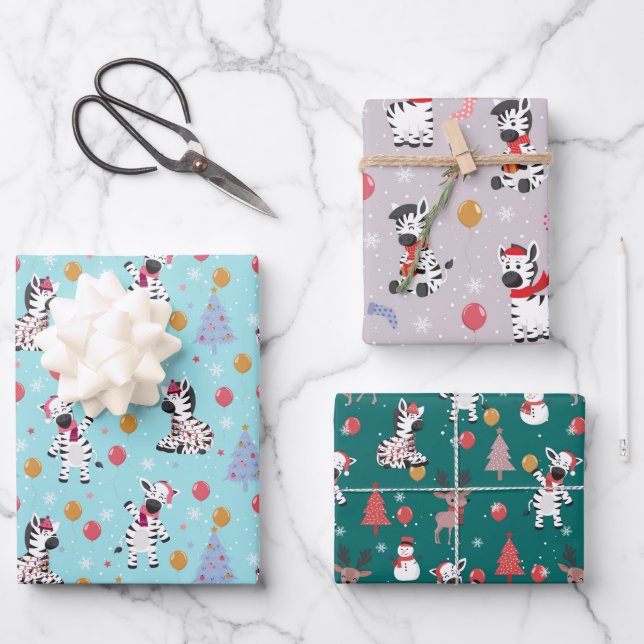 Cute Christmas Zebra And Friends  Wrapping Paper Sheets (Front)
