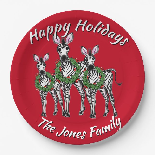 Cute Christmas Zebras personalize  Paper Plates (Front)