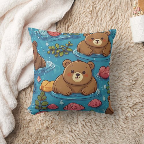 Cute Chubby Bear Swimming Throw Pillow