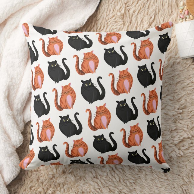 Cute Chubby Black & Orange Tabby Cats Pattern Throw Pillow (Blanket)