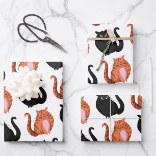 Cute Chubby Black & Orange Tabby Cats Pattern Wrapping Paper Sheets