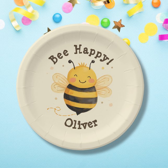 Cute Chubby Bumblebee "Bee Happy"  Paper Plates (Creator Uploaded)