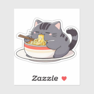 Cute Chubby Cat Enjoying Ramen Noodles Sticker