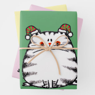 Cute Chubby Cat Two Christmas Hats Wrapping Paper Sheets