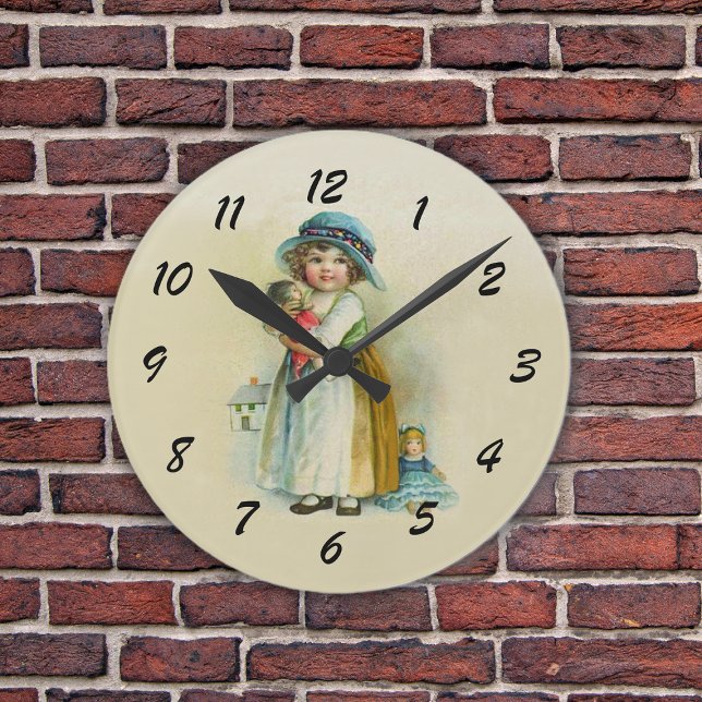 Cute Chubby Cheeks Vintage Girl with Dolls Round Clock (Victorian little girl chubby cheeks holding dolls on tan wall clock.)