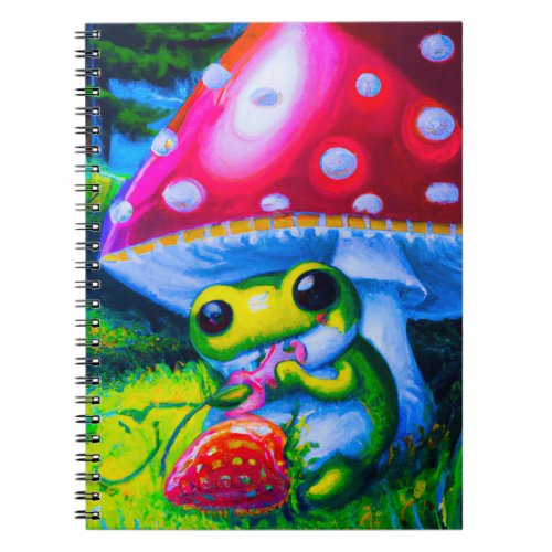 Cute chubby frog eating a strawberry notebook