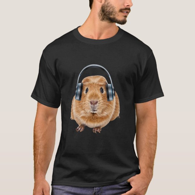 Cute Chubby Guinea Pig With Headphones On His Ears T-Shirt (Front)