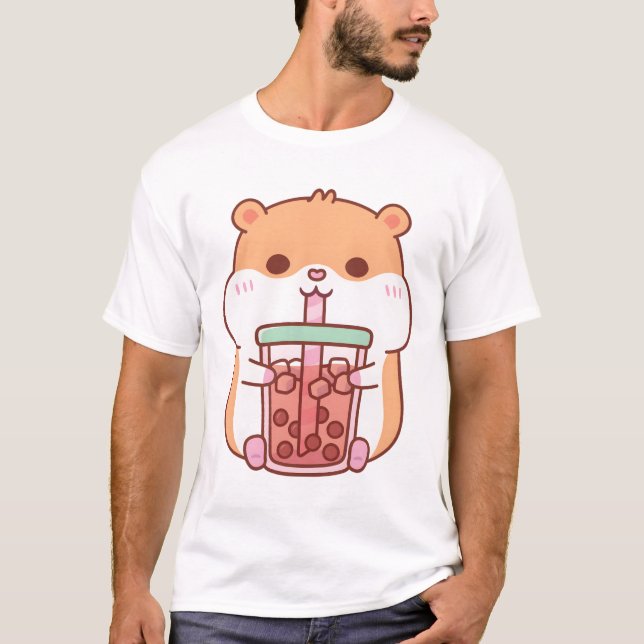 Cute Chubby Hamster Drinking Bubble Tea T-Shirt (Front)