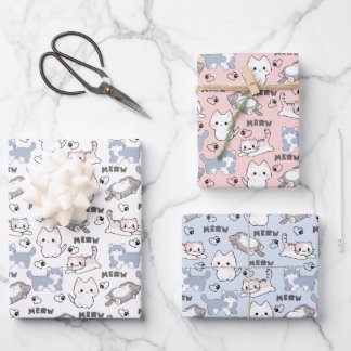 Cute Chubby Kittens and Meow Hearts Wrapping Paper Sheets