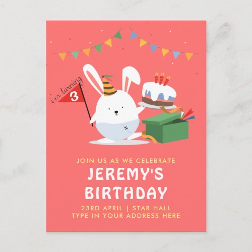 Cute chubby Little Bunny with cake birthday party Invitation Postcard