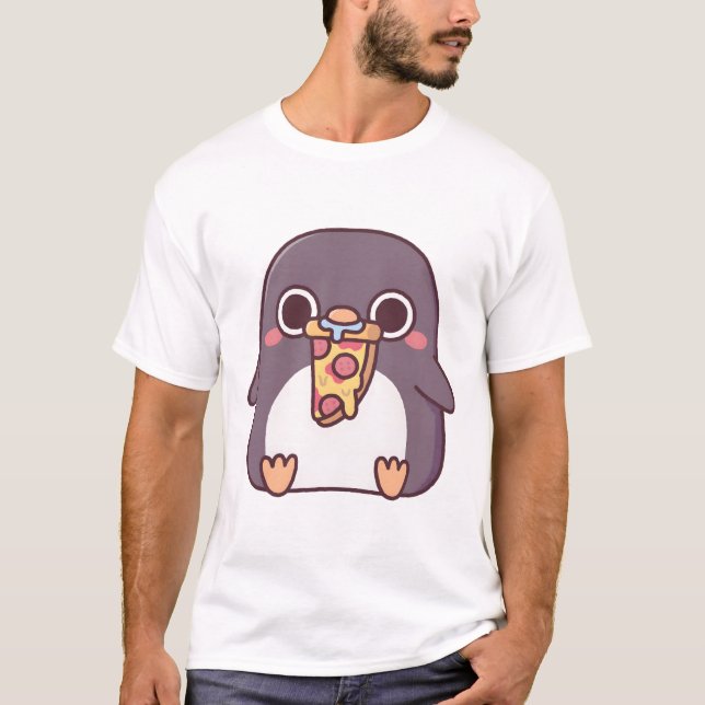 Cute Chubby Penguin With Pepperoni Pizza Slice T-Shirt (Front)