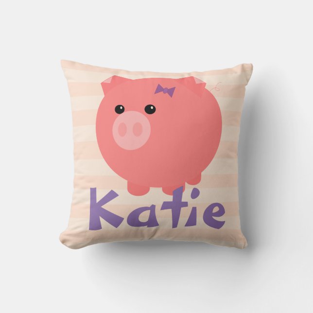 Cute Chubby Pig with Pink Stripes Pillow (Front)
