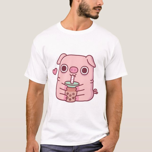 Cute Chubby Piggy Loves Drinking Bubble Tea T-Shirt (Front)