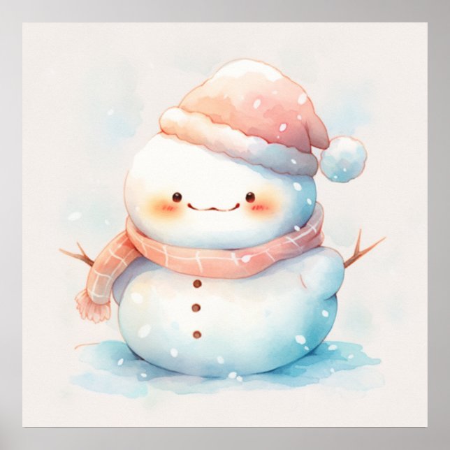 Cute Chubby Watercolor Snowman Poster (Front)