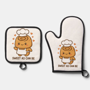 "Cute Cinnamon Roll Chef – Kawaii Baking Design Oven Mitt & Pot Holder Set