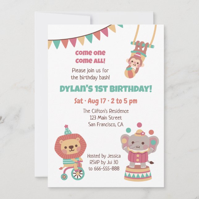 Cute Circus Animals Kids Birthday Party Invitation (Front)
