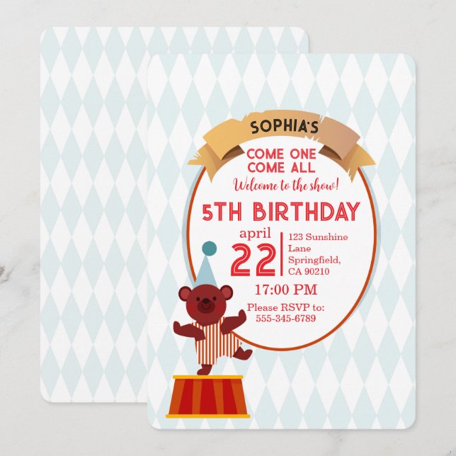 Cute Circus Bear Birthday  Invitation (Front/Back)