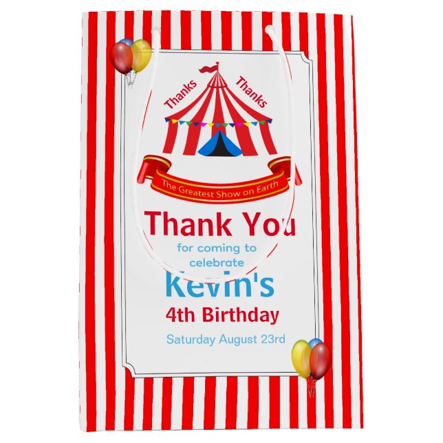 Cute Circus Birthday Party Thank You Red Medium Gift Bag (Front)