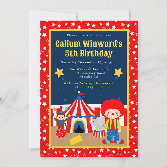 Cute Circus Boy Clown Kids Birthday  Invitation (Front)