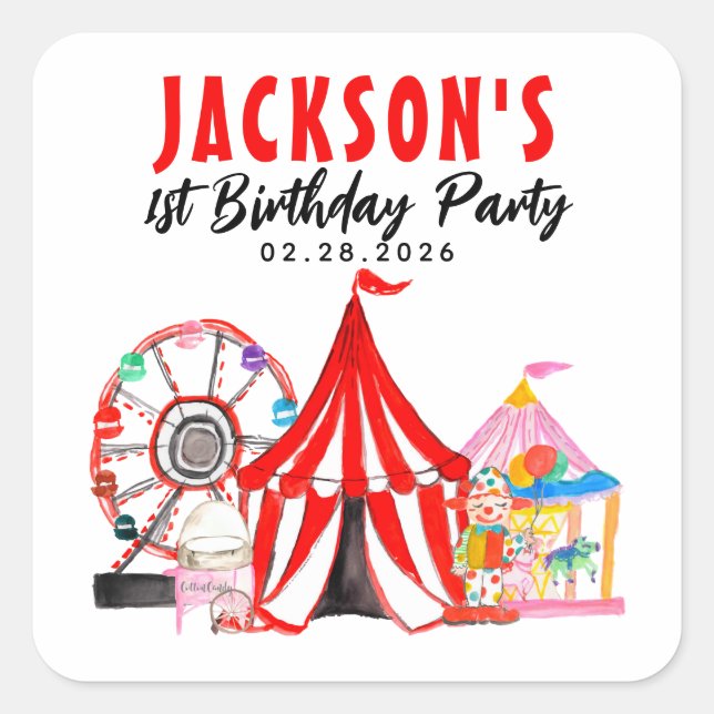 Cute Circus Carnival Festival Show Birthday Favor Square Sticker (Front)