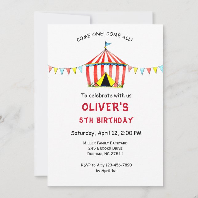 Cute Circus Carnival Kids birthday invitation (Front)